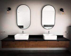 Modern floating vanity with 2 sinks and 2 mirrors